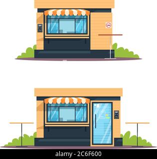 Outdoor snackbar semi flat RGB color vector illustrations set. Street food cafe, buffet, shop. Public eateries. Snackbar front, closed. Isolated carto Stock Vector