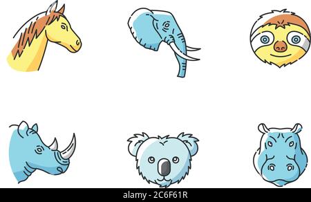 Animal heads RGB color icons set. Exotic mammals, tropical fauna. Hippopotamus, elephant, koala, sloth, horse and rhinoceros muzzles. Isolated vector Stock Vector
