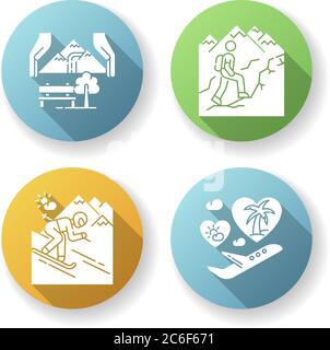 Holiday travel flat design long shadow glyph icons set. Sustainable tourism, trekking, ski resort and honeymoon trip. Seasonal vacation activities. Si Stock Vector