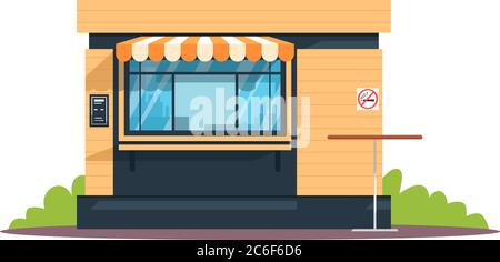 Public eatery semi flat RGB color vector illustration. Small outdoor cafe, snackbar, buffet. Cafferetia front windows. No smoking area. Isolated carto Stock Vector