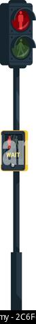 Traffic lights semi flat RGB color vector illustration. Stoplight and wait, walk button. Public modern technologies. Pedestrian crossing regulation. I Stock Vector
