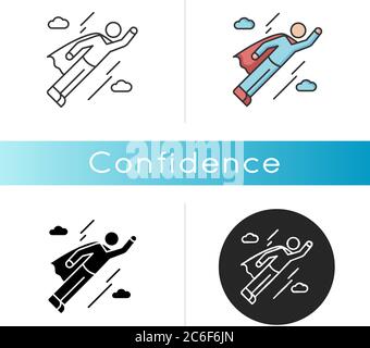 Confidence icon. Self confidence, positive mindset, determination. Linear black and RGB color styles. Feeling of self assurance. Flying person, superh Stock Vector