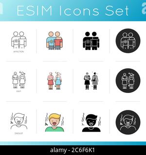 Relationship and emotions icons set. Feelings of affection, envy and disgust. Linear, black and RGB color styles. Emotional attachment, jealousy and s Stock Vector