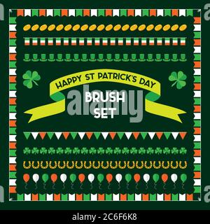 St Patrick's Day brush set, with traditional icons and bunting. Brushes included, complete with inner and outer corners. EPS10 vector set Stock Vector