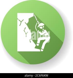 Mountaineering green flat design long shadow glyph icon. Extreme tourism activity, dangerous adventure vacation. Alpine climbing sport, mountains expl Stock Vector