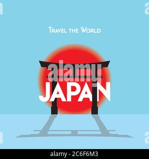 Flat style travel poster on Japanese theme, showing a Torii gate with the setting sun. EPS10 vector format Stock Vector