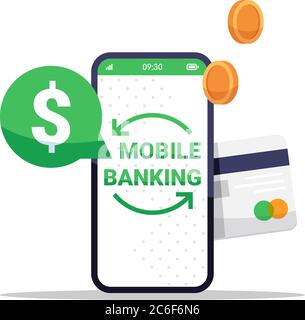 Mobile banking app semi flat RGB color vector illustration. Online financial transaction. Phone for payment. Smartphone with e commerce application is Stock Vector