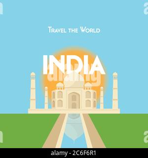 Flat style travel poster - India theme, showing the Taj Mahal with the sun behind. EPS10 vector format Stock Vector
