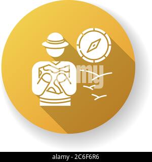 Safari yellow flat design long shadow glyph icon. Exotic tourism, african savanna exploration. Vacation in tropical wilderness. Tourist navigating wit Stock Vector