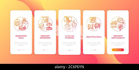 Corporate lawyer onboarding mobile app page screen with concepts. Negotiation skills. Attorney. Walkthrough 5 steps graphic instructions. UI vector te Stock Vector