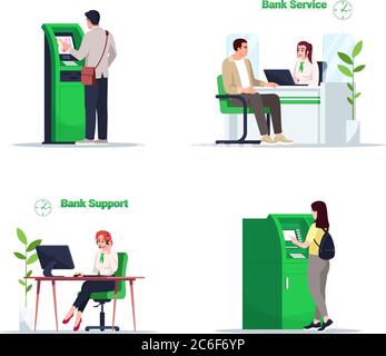 Bank financial service semi flat RGB color vector illustration set. Man use self serving kiosk. Online support advisor. Managers and customers isolate Stock Vector