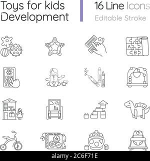 Toys for kids development pixel perfect linear icons set. Educational toys for children development. Customizable thin line contour symbols. Isolated Stock Vector