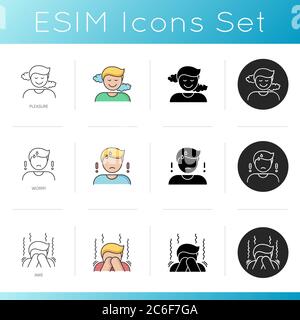 Good and bad emotions icons set. Feelings of pleasure, worry and awe. Linear, black and RGB color styles. Sense of satisfaction, anxiety and panic att Stock Vector
