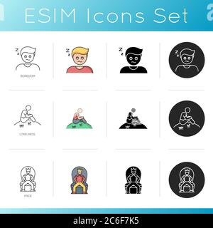 Feelings and emotions icons set. Indifference, solitude and high self esteem. Linear, black and RGB color styles. Human psychology. Boredom, lonelines Stock Vector