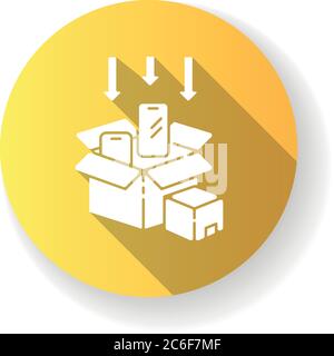 Packaging yellow flat design long shadow glyph icon. Post manufacturing, production packing process. Delivery preparation, parcel packing. Smartphones Stock Vector