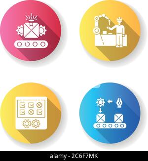 Continuous production flow flat design long shadow glyph icons set. Employees training, custom manufacturing and product testing. Industrial processes Stock Vector
