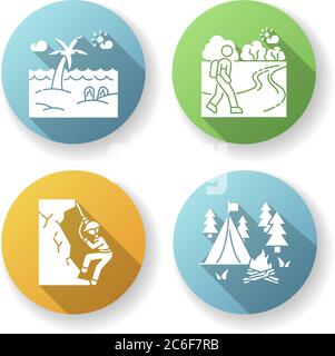 Outdoor recreation flat design long shadow glyph icons set. Active rest and natural tourism. Summer seaside resort, hiking mountaineering and camping. Stock Vector