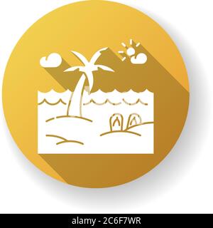 Seaside resort yellow flat design long shadow glyph icon. Summer vacation, tropical tourism, paradise island. Recreation on exotic beach, sea shore wi Stock Vector