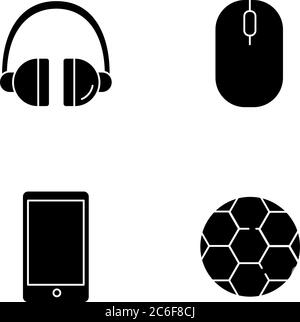 Entertainment black glyph icons set on white space. Headset to listen music. Computer mouse to browse internet. Soccer ball. Football game gear. Silho Stock Vector