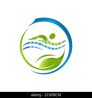 Abstract illustration design people swim icon symbol with leaf. Natural and organic design icon symbol. Vector illustration EPS.8 EPS.10 Stock Vector