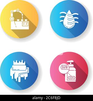 Manufacturing stages flat design long shadow glyph icons set. Computer aided design, product painting, drying and serial numbering. Production process Stock Vector