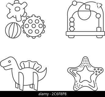 Children sensory toys pixel perfect linear icons set. Textured balls and bead maze. Fine and gross motor skills. Customizable thin line contour symbol Stock Vector