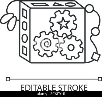 Busy cube pixel perfect linear icon. Busyboard. Toddlers sensory skills development toys. Thin line customizable illustration. Contour symbol. Vector Stock Vector