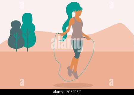 Illustration of a woman jumping rope at the park. Fitness and Wellness Stock Photo
