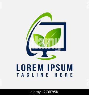 Computer care symbol icon vector with leaf. Computer service symbol design. Vector illustration EPS.8 EPS.10 Stock Vector