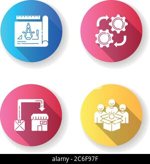 Industrial production flat design long shadow glyph icons set. Raw materials, product drafting, automation and shipping. manufacturing and distributio Stock Vector