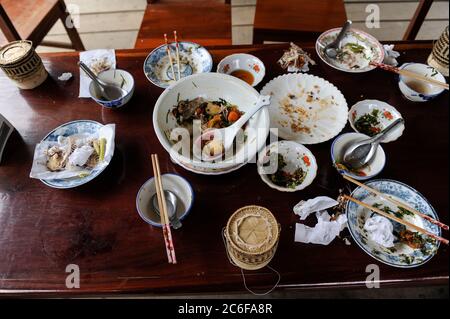 LAO PDR, fish soup and sticky rice / Laos, Fischsuppe und Klebreis Stock Photo