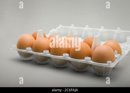 Eggs in a plastic tray, 10 pieces of brown chicken eggs. Stock Photo