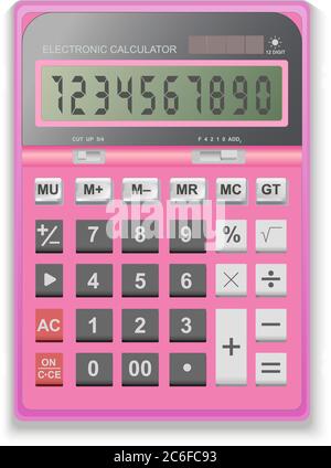 Calculator pink women's 3d realistic in vector, for calculating loan, credit, finance, money, business. Isolated on white background. Stock Vector