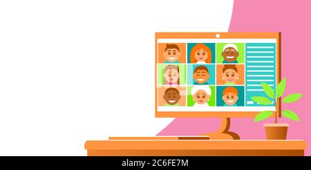 Computer with video conferencing on screen. Stock Vector
