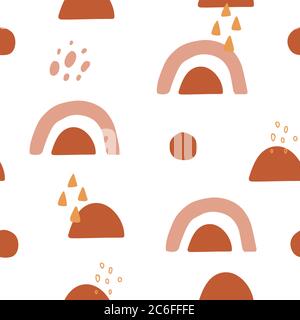 Hand drawn rainbows, sun design elements. Contemporary background. Baby shower. Cute kids nursery collection. Lovely terracotta rainbows for wallpaper Stock Vector