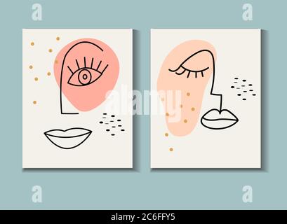 Abstract poster in modern hipster style with one line woman face. Vector illustration. Stock Vector