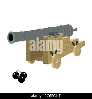 Antique pirate sea gun on a wooden carriage with cannonbals on a white background Stock Vector