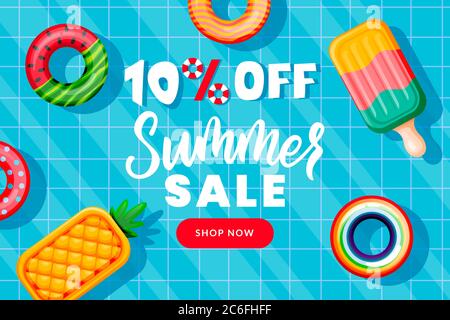 Summer sale banner design template. Inflatable floating funny toys in swimming pool, top view vector illustration. Season discount poster. Hand drawn Stock Vector