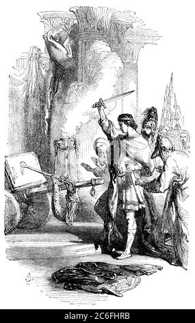 An engraved  illustration image of  Alexander the Great cutting the Gordian Knot, from a vintage Victorian book dated 1850 that is no longer in copyri Stock Photo