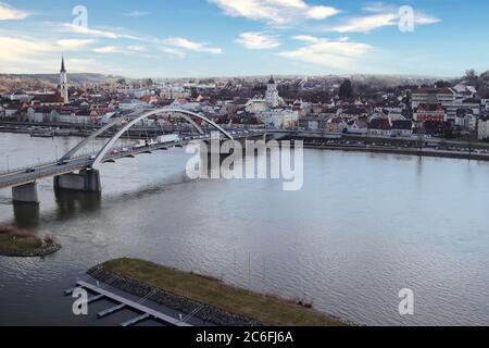 Vilshofen an der Donau in Bavaria, Germany. Aerial view of the town (in the district of Passau) and the River Danube. Stock Photo