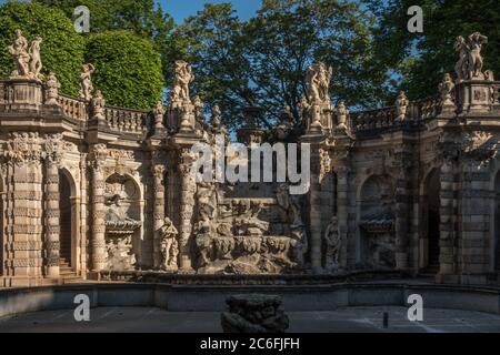 The Nymph's Bath at the Dresdner Zwinger lies hidden in the fortification wall and is considered to be one of Europe’s most beautiful Baroque water fe Stock Photo