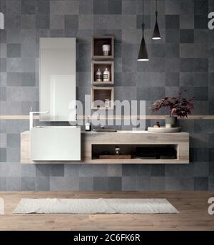 Modern interior design of bathroom with wood texture and gery tiles, seamless design, luxurious interior background. Stock Photo