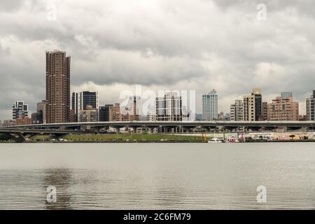 Taipei grey weather view from Dadaocheng Dock towards Sanchong district Stock Photo