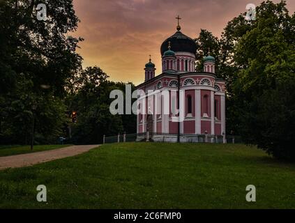 Alexander Nevski Church in the Russian Colony Alexandrovka in Potsdam in the evening Stock Photo