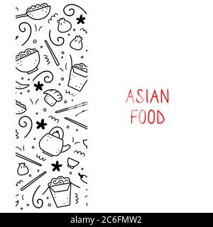 Hand drawn set of Asian food elements, wok, ramen, noodle, soy. Doodle sketch style. Asian food element drawn by digital pen. Vector illustration for menu, frame, recipe design. Stock Vector