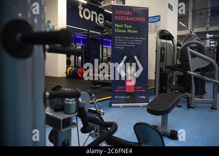 Social distancing signs inside the Gym Group in Vauxhall, London, after it was announced that gyms will be allowed to reopen from 25 July.