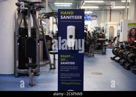 A hand sanitiser station inside the Gym Group in Vauxhall, London, after it was announced that gyms will be allowed to reopen from 25 July.