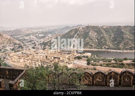 Wide angle view of lake and city from a fort located in Jaipur city of Rajasthan state in India Stock Photo