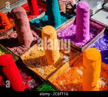 Colored pigments for sale at a market in Pushkar, India Stock Photo