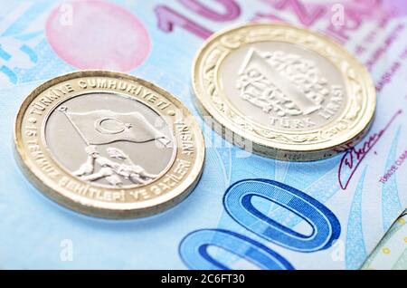 New Turkish 1 Lira coin for Commemoration of 15th July Victory of Democracy and the Martyrs on banknotes. Stock Photo